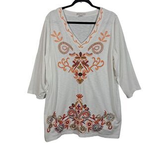 JM Collection Top Women‎ 3X Plus White 3/4 Sleeve Embroidered Slub Cotton Boho